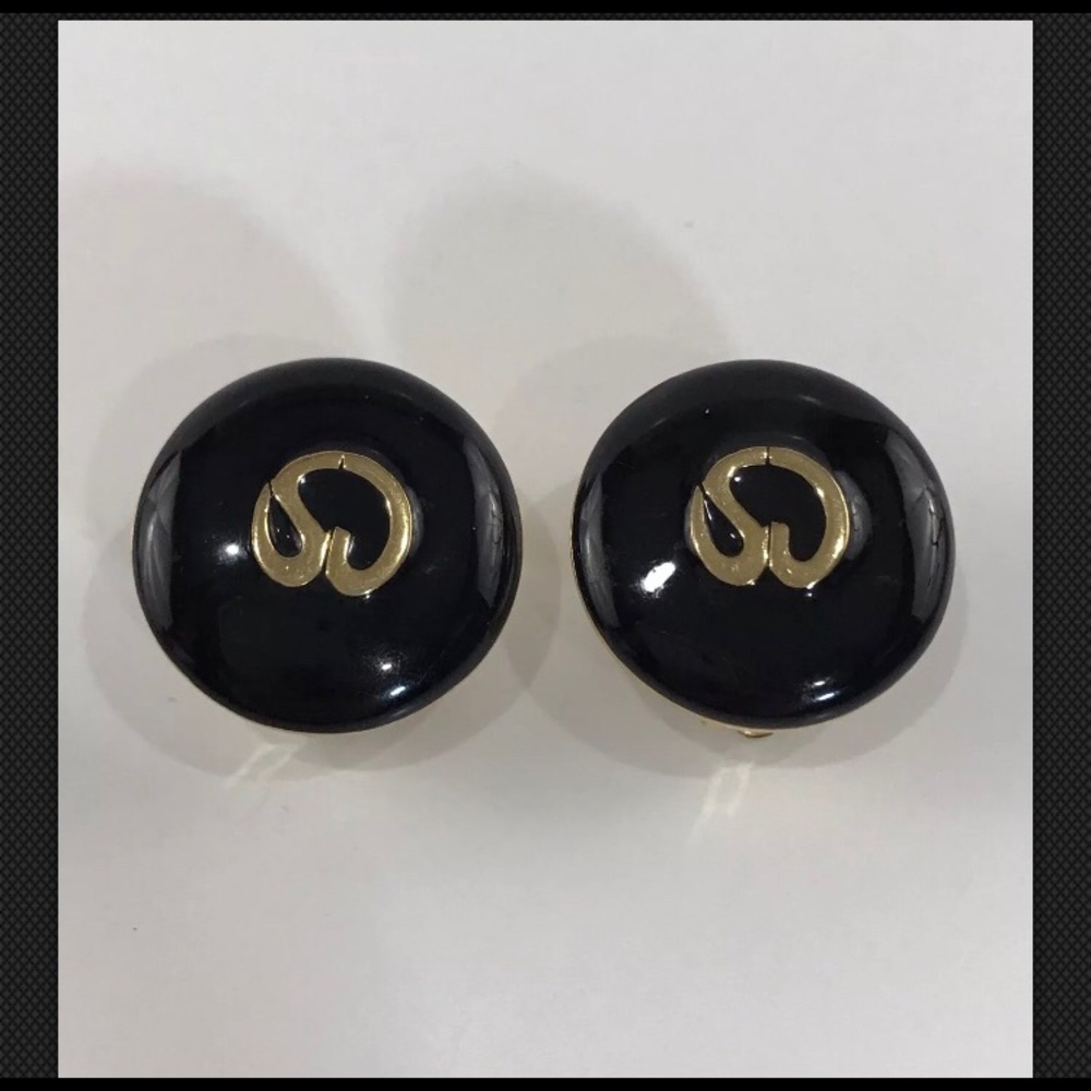 St. John Black Enamel Earrings Clip On Gold
